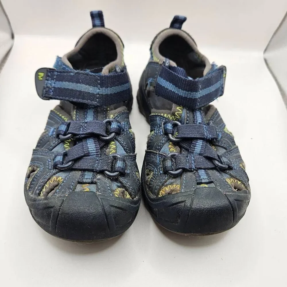 Merrell Hydro Hiker Kids Sandals in a navy blue and lime green colorway, featur